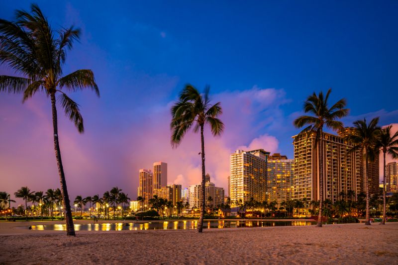 waikiki beach at dusk